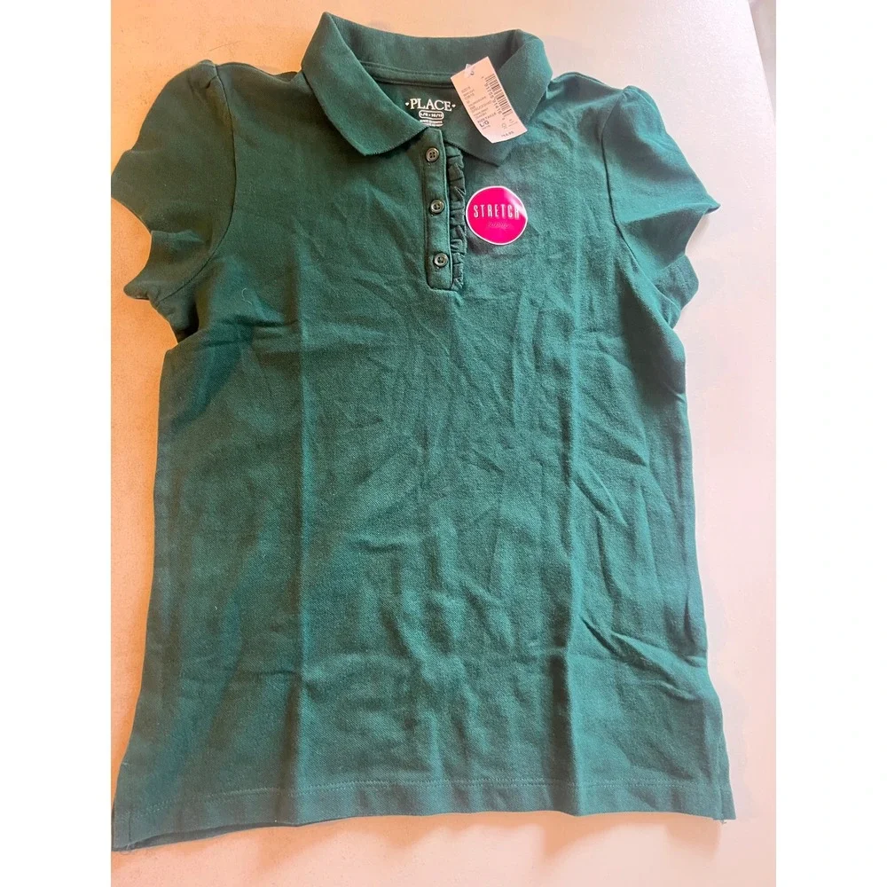 The Childrens Place Girls 2 Pack Ruffle Polo Shirts Wht Grn Size L Uniform NWT